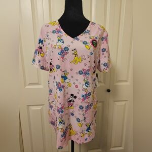 Disney Scrub Top Short Sleeve Stretch Ultra Soft,  Pink Pluto Donald SZ M NWT